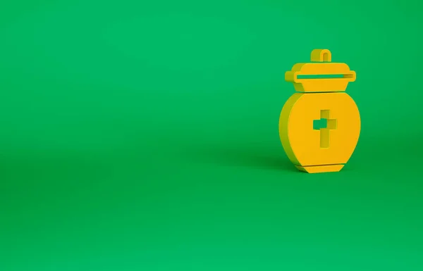 Icono de urna funeraria naranja aislado sobre fondo verde. Recipientes de cremación y entierro, jarrones de columbario, frascos y ollas con cenizas. Concepto minimalista. 3D ilustración 3D render —  Fotos de Stock
