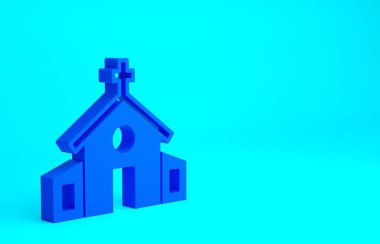 Mavi Kilise binası ikonu mavi arka planda izole edilmiş. Hıristiyan Kilisesi. Kilisenin dini. Minimalizm kavramı. 3d illüstrasyon 3B canlandırma