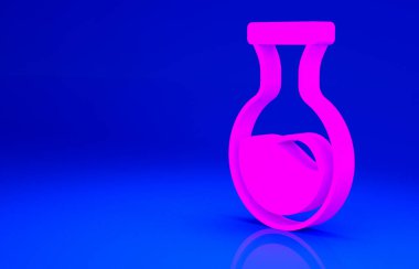 Mavi arka planda pembe test tüpü ve kimyasal test ikonu izole edildi. Laboratuvar cam levhası. Minimalizm kavramı. 3d illüstrasyon 3B canlandırma
