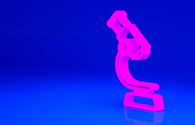 Mavi arkaplanda izole edilmiş pembe mikroskop simgesi. Kimya, ilaç aleti, mikrobiyoloji büyütme aracı. Minimalizm kavramı. 3d illüstrasyon 3B canlandırma