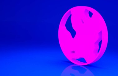 Pembe Dünya ikonu mavi arkaplanda izole edilmiş. Dünya ya da Dünya işareti. Küresel internet sembolü. Geometrik şekiller. Minimalizm kavramı. 3d illüstrasyon 3B canlandırma