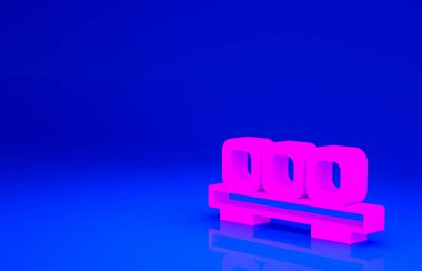 Kesme tahtası simgesindeki pembe suşi mavi arka planda izole edilmiş. Tahtada Asya yemeği suşisi. Minimalizm kavramı. 3d illüstrasyon 3B canlandırma