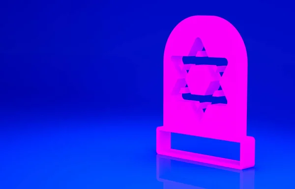 Pink Tombstone dengan bintang dari ikon david terisolasi di latar belakang biru. Batu nisan Yahudi. Ikon batu nisan. Konsep minimalisme. Tampilan 3D ilustrasi 3d — Stok Foto