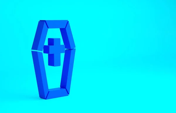 Coffin azul con icono de cruz cristiana aislado sobre fondo azul. Feliz fiesta de Halloween. Concepto minimalista. 3D ilustración 3D render —  Fotos de Stock