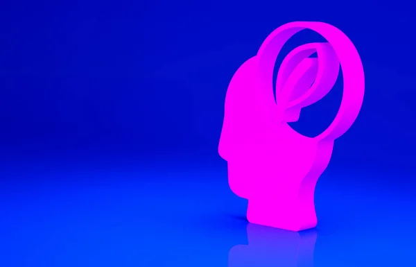 Růžová lidská hlava s listí uvnitř ikony izolované na modrém pozadí. Minimalismus. 3D ilustrace 3D vykreslení — Stock fotografie