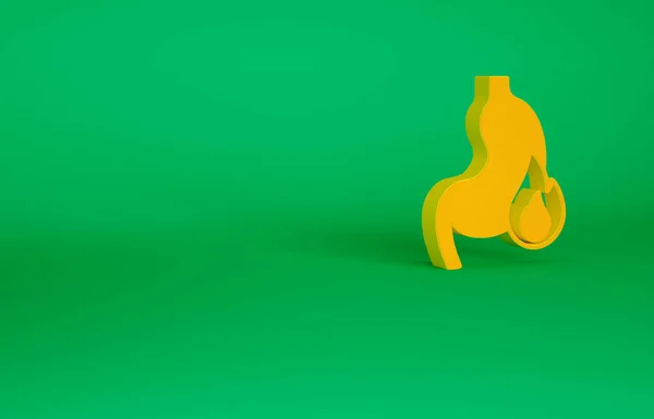 Ícone de azia do estômago laranja isolado no fundo verde. Queimadura de estômago. Gastrite e refluxo ácido, indigestão e problemas de dor de estômago. Conceito de minimalismo. 3D ilustração 3D render — Fotografia de Stock