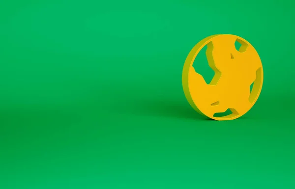 Ícone laranja do globo terrestre isolado no fundo verde. Sinal do mundo ou da Terra. Símbolo global da Internet. Formas geométricas. Conceito de minimalismo. 3D ilustração 3D render — Fotografia de Stock