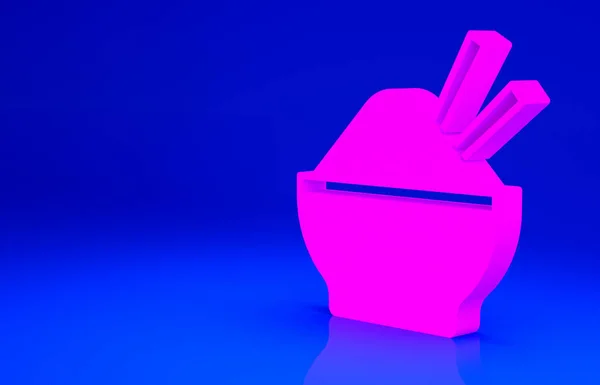 파란 배경에 젓가락 모양의 아이콘이 붙어 있는 그릇 안의 핑크 라이스. 아시아 전통 음식이다. 미니멀리즘의 개념입니다. 3d 삽화 3D 렌더링 — 스톡 사진