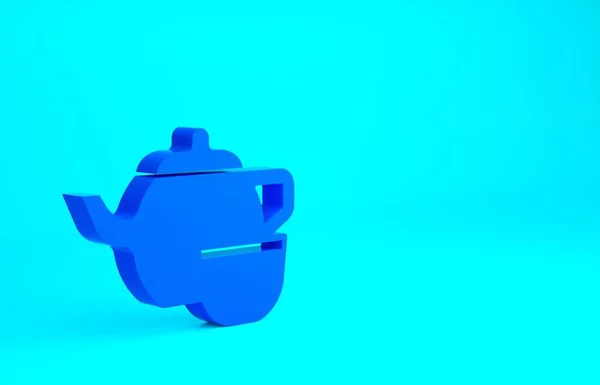 Blauw Traditionele Chinese thee ceremonie icoon geïsoleerd op blauwe achtergrond. Theepot met kopje. Minimalisme concept. 3d illustratie 3D renderen — Stockfoto