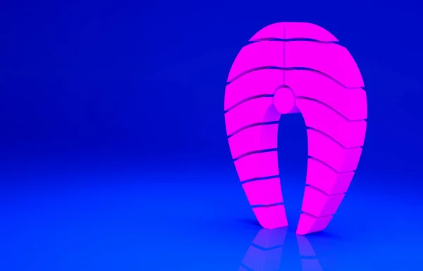 Ikona różowego steku rybnego na niebieskim tle. Koncepcja minimalizmu. Ilustracja 3D 3D renderowania — Zdjęcie stockowe