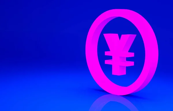 Pink Chinese Yuan currency symbol icon isolated on blue background. Coin money. Banking currency sign. Cash symbol. Minimalism concept. 3d illustration 3D render