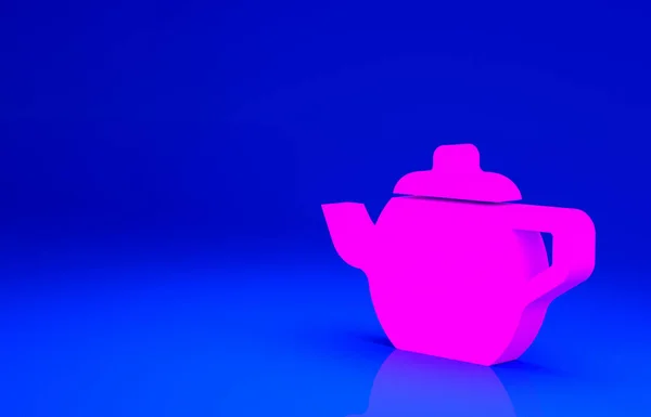 Różowy tradycyjny chiński ceremonii herbaty ikona izolowane na niebieskim tle. Czajnik z filiżanką. Koncepcja minimalizmu. Ilustracja 3D 3D renderowania — Zdjęcie stockowe