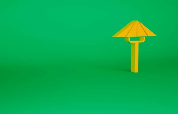 オレンジ緑色の背景に孤立した太陽のアイコンから伝統的な日本の傘。最小限の概念。3Dイラスト3Dレンダリング — ストック写真