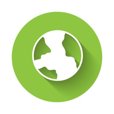 Beyaz Dünya ikonu uzun gölge arkaplan izole. Yerküreye iğnele. Yeşil daire düğmesi. Vektör