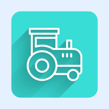 Beyaz çizgi Traktör simgesi uzun gölge arkaplanı ile izole edildi. Yeşil kare düğmesi. Vektör