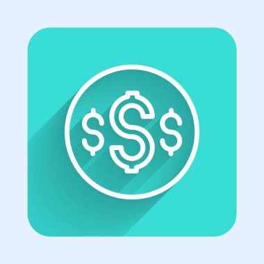 Beyaz çizgi dolar sembolü uzun gölge arkaplan izole. Nakit ve para, servet, ödeme sembolü. Kumarhane kumarı. Yeşil kare düğmesi. Vektör