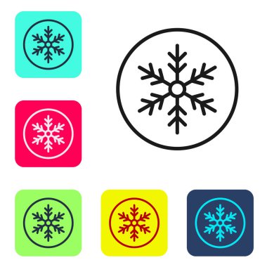 Beyaz arkaplanda siyah çizgi Kar Tanesi simgesi izole edildi. Mutlu Noeller ve mutlu yıllar. Renkli kare düğmelerle simgeleri ayarla. Vektör