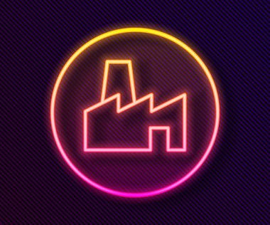 Parlayan neon hattı imalat ikonu siyah arka planda izole edildi. Endüstriyel bina. Vektör