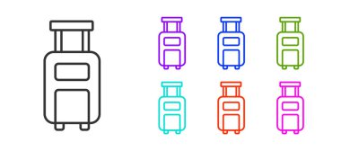 Seyahat simgesi için siyah bavul beyaz arkaplanda izole edildi. Seyahat bagaj tabelası. Seyahat bagaj ikonu. Simgeleri renklendirin. Vektör