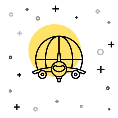Uçan uçak ikonuna sahip siyah çizgi Globe beyaz arka planda izole edildi. Uçak Dünya 'nın etrafında uçuyor. Uçak dünyası ikonu. Rastgele dinamik şekiller. Vektör