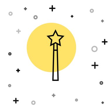 Siyah çizgi sihirli çubuk simgesi beyaz arkaplanda izole edildi. Yıldız şeklinde sihirli aksesuar. Sihirli güç. Rastgele dinamik şekiller. Vektör