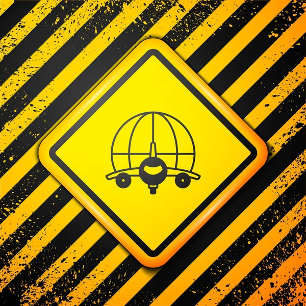 Чорний Глобус Іконою Літака Ізольований Жовтому Тлі Літак Літає Навколо — стоковий вектор