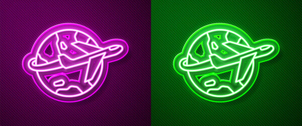 Glowing neon line Globe with flying plane icon isolated on purple and green background. Airplane fly around the planet earth. Aircraft world icon.  Vector