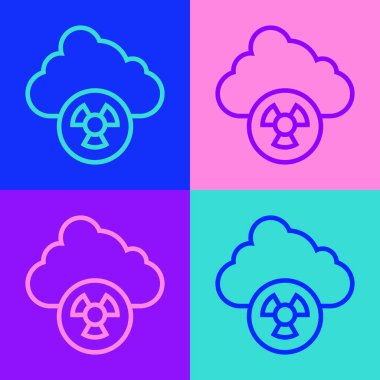 Pop sanat çizgisi Asit yağmuru ve renk arkaplanında izole edilmiş radyoaktif bulut simgesi. Zehirli hava kirliliğinin çevre üzerindeki etkileri. Vektör