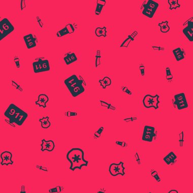 Polis rozeti, el feneri, telefon 911 'i ve askeri bıçağı kusursuz bir şekilde ayarla. Vektör