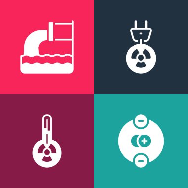 Pop Art Atom, Meteoroloji Termometresi, Radyasyon Elektrik prizi ve Atık Su ikonunu ayarla. Vektör