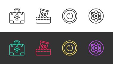 Radyasyon nükleer bavulu, varilde radyoaktif atık, güç düğmesi ve Atom 'u siyah ve beyaza ayarlayın. Vektör