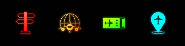 Установить Дорожный Знак Глобус Летающим Самолетом Авиабилет Значок Самолета Вектор — стоковый вектор