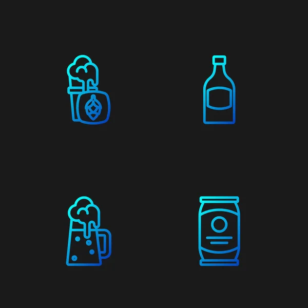 Set Línea Lata Cerveza Taza Cerveza Madera Vaso Botella Iconos — Vector de stock