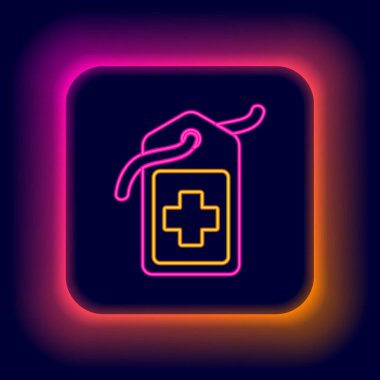 Parlayan neon hattı Cross hastanesi tıbbi etiket ikonu siyah arka planda izole edildi. İlk yardım. Teşhis sembolü. İlaç ve eczane işareti. Renkli taslak konsepti. Vektör