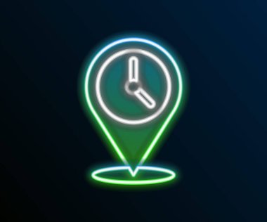 Siyah arkaplanda izole edilmiş saat simgesi ile parlayan neon çizgi konumu. Renkli taslak konsepti. Vektör