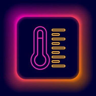 Parlayan neon hattı Meteoroloji termometresi siyah arkaplanda izole edilmiş ikonu ölçüyor. Termometre termometresi sıcak ya da soğuk hava gösteriyor. Renkli taslak konsepti. Vektör