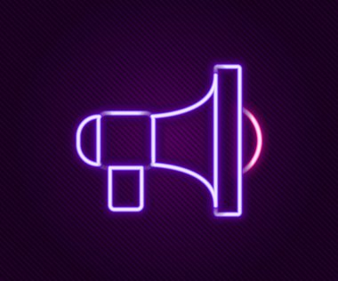 Parlayan neon hattı Megafon simgesi siyah arkaplanda izole edildi. Sözcü işareti. Renkli taslak konsepti. Vektör