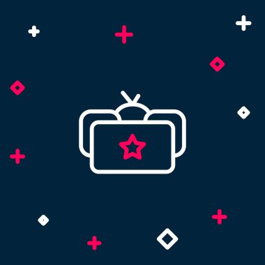 Ushanka çizgisi simgesi mavi arkaplanda izole edildi. Rus kürklü kış şapkası, yıldızlı ushanka. Sovyetler Birliği KGB ve NKVD üniforması. Renkli taslak konsepti. Vektör