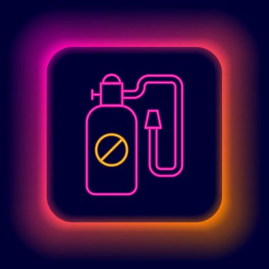 Siyah arkaplanda izole edilmiş böcek ikonunun imhası için parlayan neon hattı basınç spreyi. Böcek Kontrol Servisi. Dezenfektan spreyi. Renkli taslak konsepti. Vektör