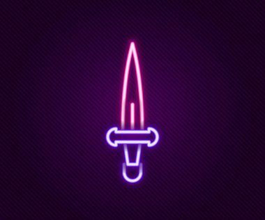 Parlayan neon çizgisi Hançer simgesi siyah arkaplanda izole edildi. Bıçak ikonu. Keskin bıçaklı kılıç. Renkli taslak konsepti. Vektör