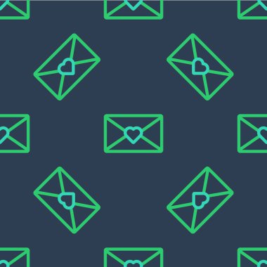 Valentine 'ın kalp ikonu olan Line Zarfı mavi arkaplandaki kusursuz deseni izole etti. Mesaj aşkım. Aşk ve romantizm mektubu. Vektör