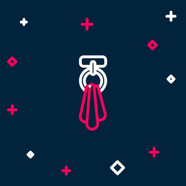 Mavi arkaplanda izole edilmiş bir askı simgesi üzerinde çizgi havlusu. Banyo havlusu ikonu. Renkli taslak konsepti. Vektör