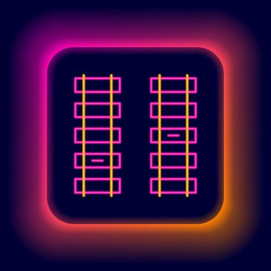 Parlayan neon hattı Demiryolu, demiryolu ikonu siyah arka planda izole edildi. Renkli taslak konsepti. Vektör