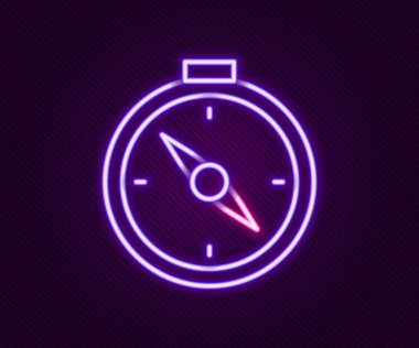 Parlayan neon hattı pusula simgesi siyah arkaplanda izole edildi. Rüzgâr yön bulma sembolü. Rüzgar gül işareti. Renkli taslak konsepti. Vektör