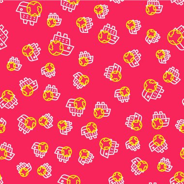 Line Cruise gemisi simgesi kırmızı arka planda izole edilmiş. Seyahat turizmi deniz taşımacılığı. Yolcu gemisi, yolcu gemisi. Dünya çapında bir gezi. Vektör