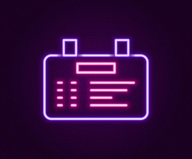 Parlayan neon hattı hava alanı simgesi siyah arkaplanda izole edildi. Mekanik skor tabelası. Havaalanındaki reklam panosundaki uçuş bilgileri. Renkli taslak konsepti. Vektör