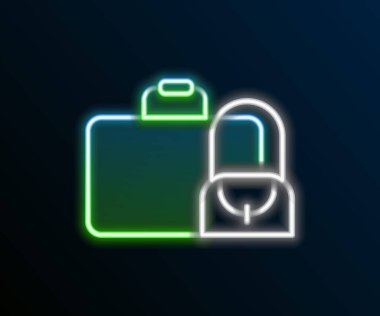 Parlayan neon hattı seyahat simgesi bavulu siyah arkaplanda izole edildi. Seyahat bagaj tabelası. Seyahat bagaj ikonu. Renkli taslak konsepti. Vektör