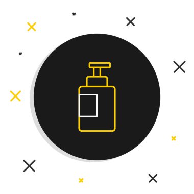 Çizgili El dezenfektanı beyaz arka planda izole edilmiş. Dezenfeksiyon konsepti. Yıkama jeli. Hijyen için alkol şişesi. Renkli taslak konsepti. Vektör