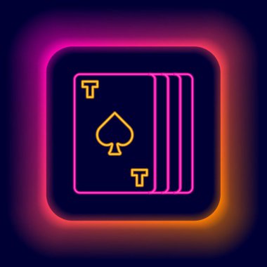 Parlayan neon çizgisi oyun kartı simgesi siyah arkaplanda izole edildi. Kumarhane kumarı. Renkli taslak konsepti. Vektör