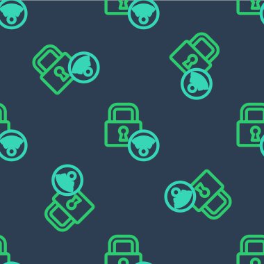 Mavi arka planda izole edilmiş ikonu açmak için kablosuz teknolojiye sahip hat dijital kapı kilidi. Kapı kolu tabelası. Güvenlik akıllı ev. Vektör